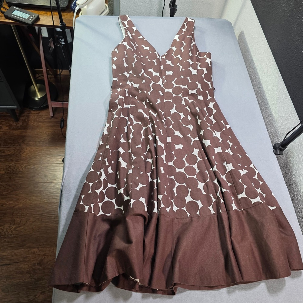 Nine West Brown White Polka Dot Fit Flare Dress V-Neck Sleeveless Size 6